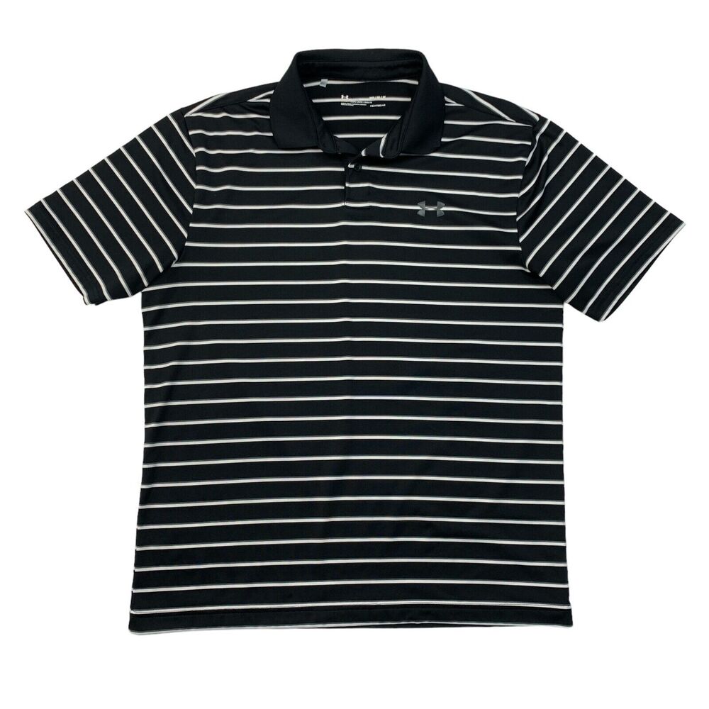 Under Armour Polo Shirt Mens M Medium Black White Stripe 2.0 Divot Heatgear